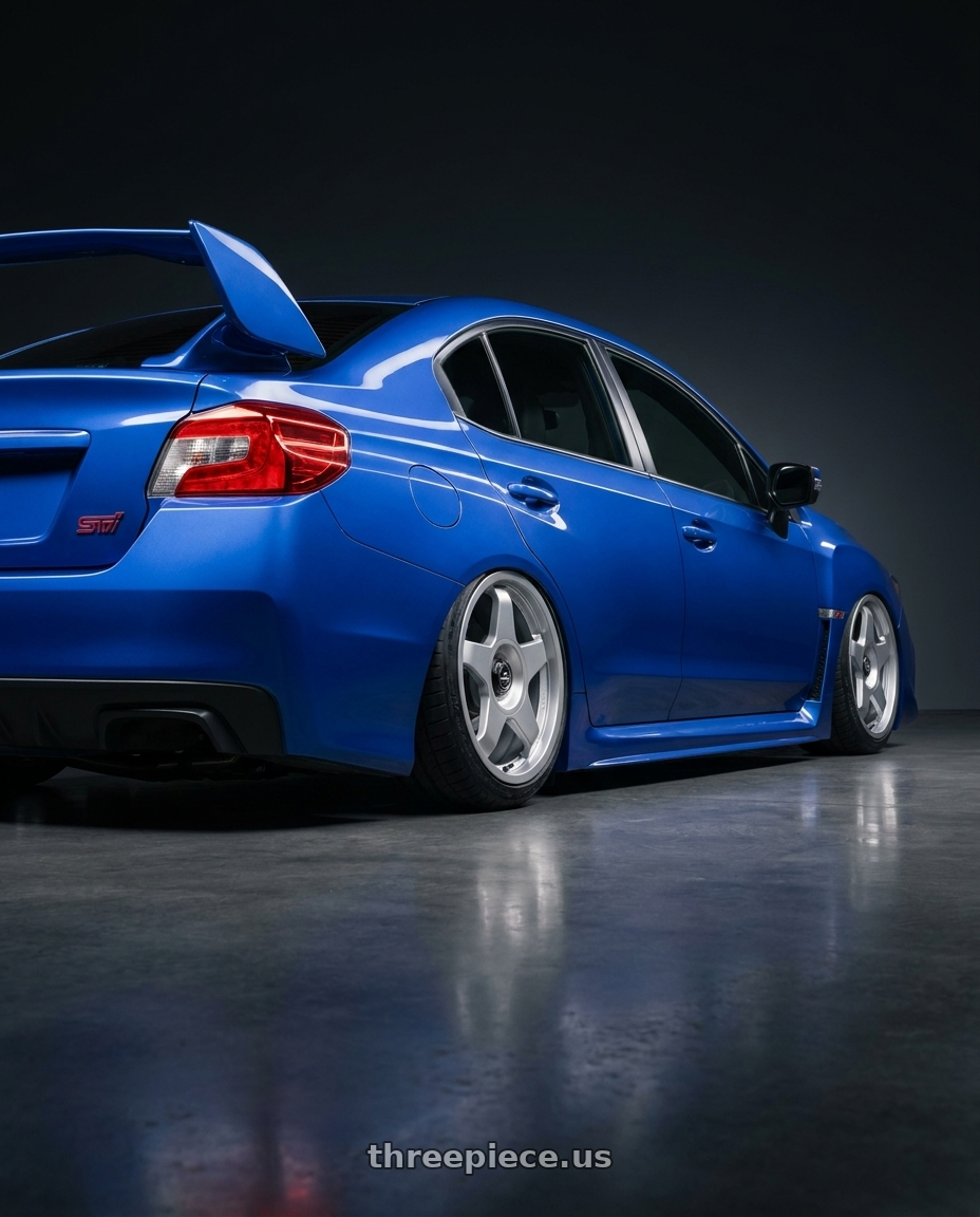 2018 Subaru WRX STI with fifteen52 CHICANE 5x114.3 / 5x100 18x8.5 +35 SPEED SILVER (GLOSS SILVER) wheels rear three quarter view slight stretch tires