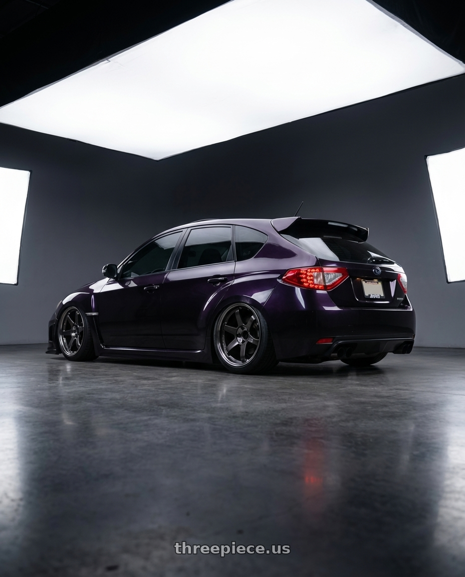 2014 Subaru wrx with Volk Racing TE37SL 5x114.3 19x10.5+12 Pressed Double Black wheels rear three quarter view square tires