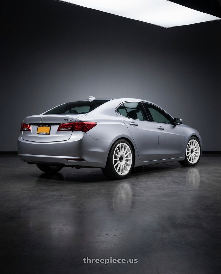 2019 Acura TLX with fifteen52 PODIUM 5x114.3 / 5x120 19x8.5 +35 RALLY WHITE (GLOSS WHITE) wheels rear three quarter view square tires