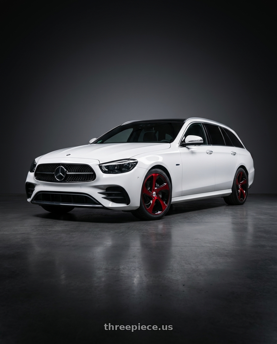 2021 Mercedes Benz E300de T model white with Shift Strut 5x114.3 17x8 +35 Gloss Black Candy Red Face wheels