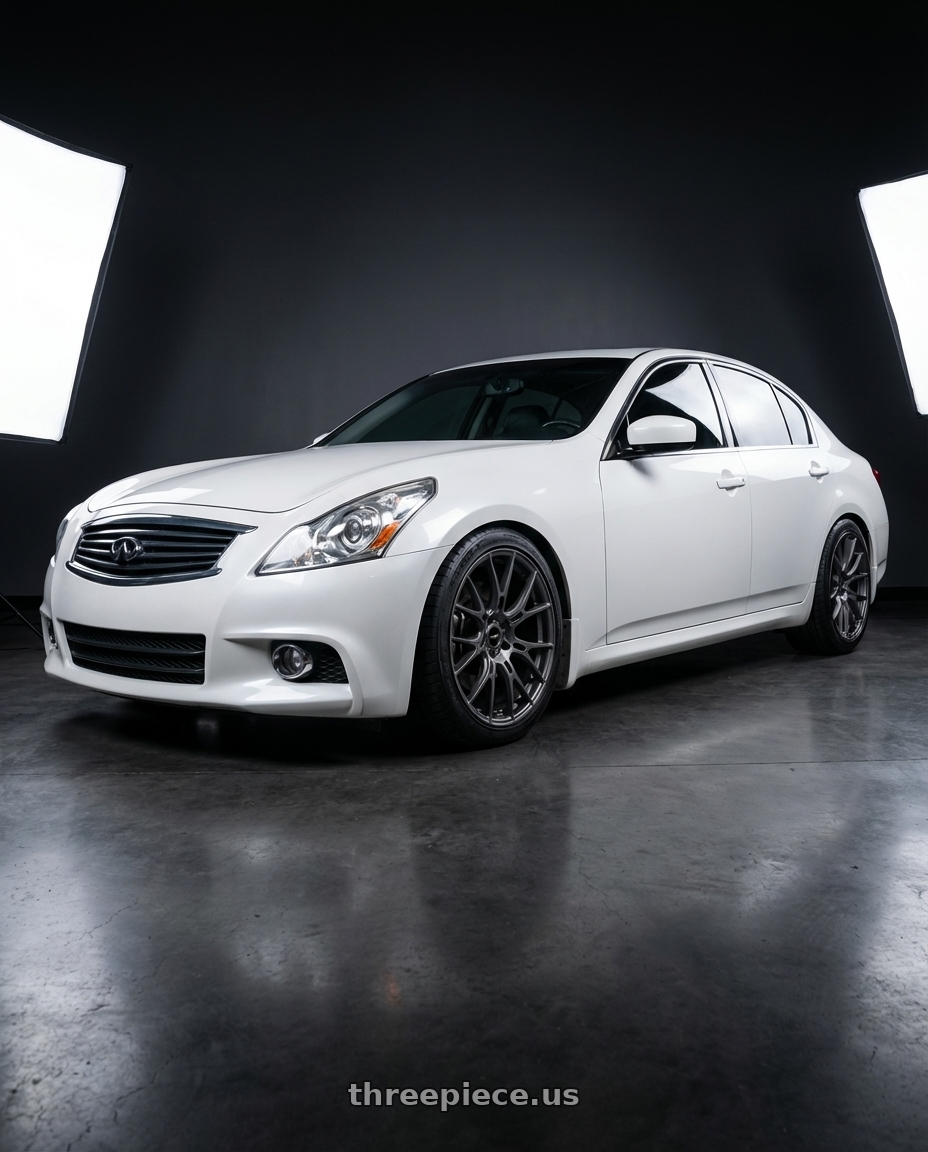 2012 Infiniti G37 with Gram Lights 57FXM 5x114.3 19x8.5+45 Matte Graphite wheels front three quarter view lowered stance