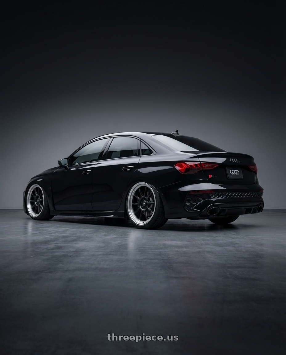 2022 Audi RS3 8Y with Konig Countergram 5x112 19x9.5+30 Matte Black / Matte Machined Lip wheels rear three quarter view slight stretch tires