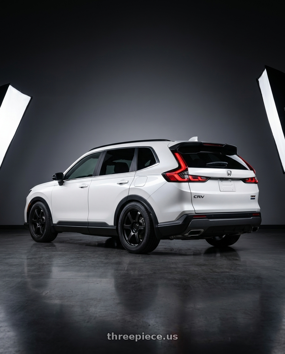 2026 Hybrid Trailsport CRV, Pearl White with Gram Lights 57DR 5x114.3 19x8.5+35 Semi Gloss Black wheels rear three quarter view square tires
