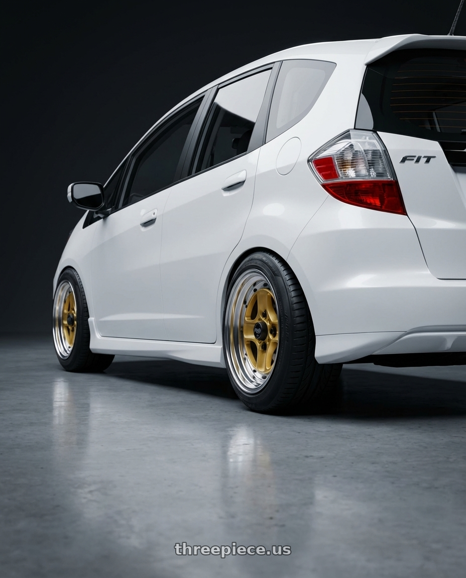 2013 Honda fit  with Work Equip 40 4x114.3 15x8 +35 a disk Sprint Gold wheels rear three quarter view meaty tires