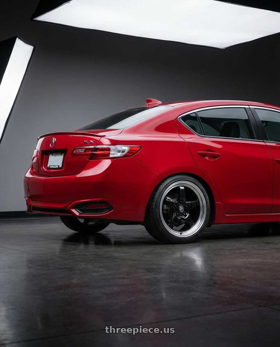 2012 Acura ILX with Forgestar D5 Drag 5x114.3 17x10 +50 Gloss Black Machined wheels rear three quarter view square tires
