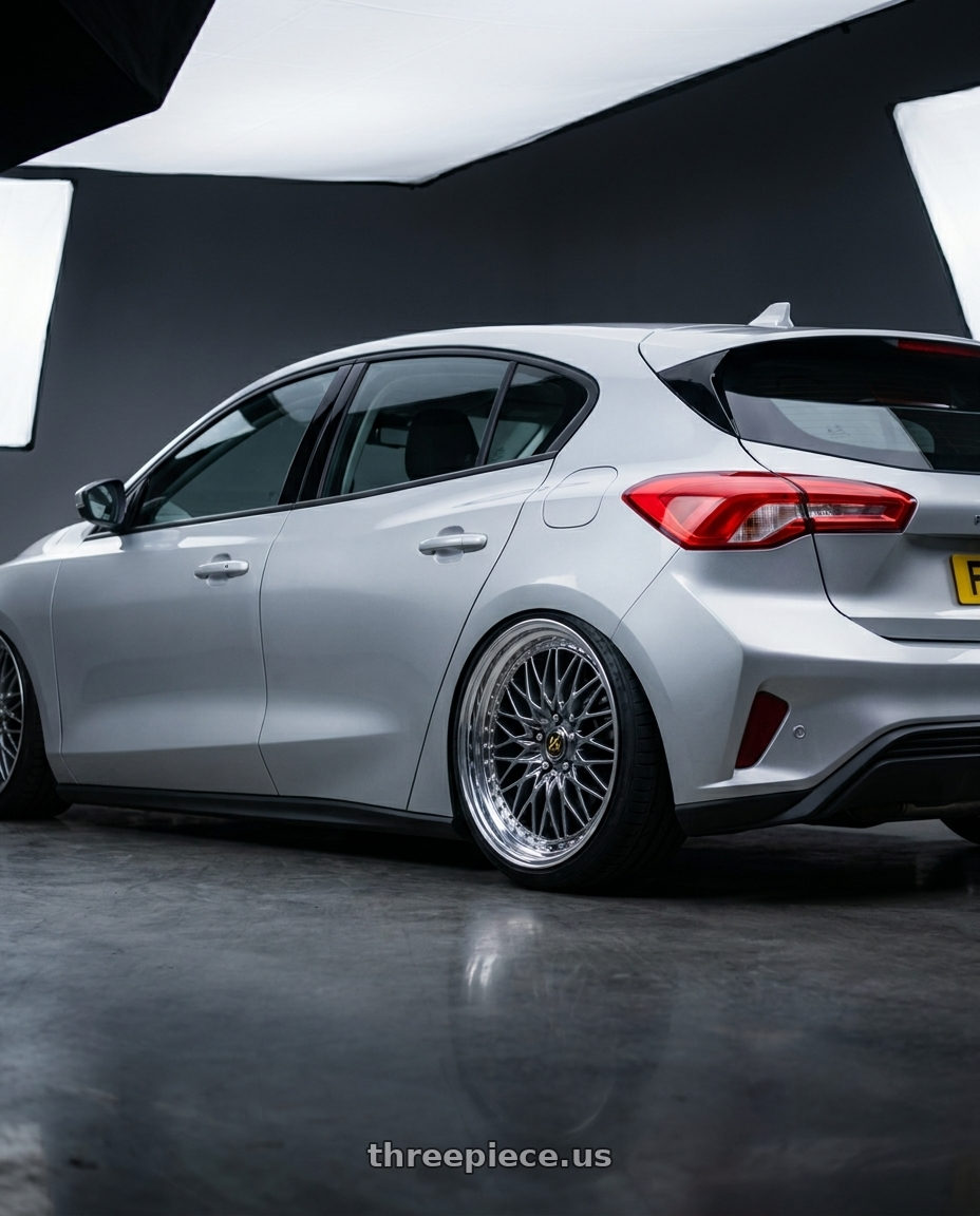 2020 ford focus with Work Vs-Xv 5x100 18x7+28 A Disk Brilliant Silver Black wheels rear three quarter view square tires