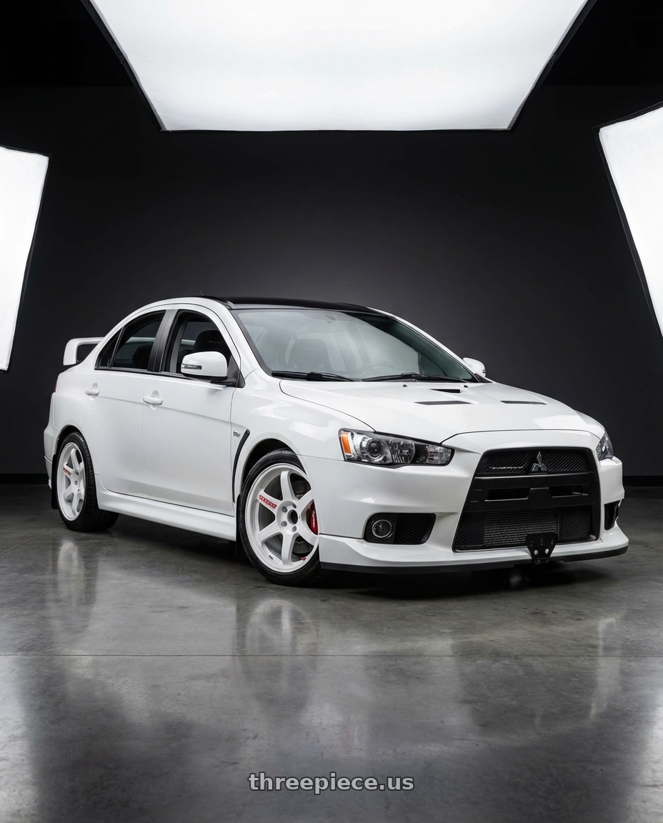 2015 evo x with Volk Racing TE37SL 5x120 19x9.5 +21 WHITE wheels front three quarter view stock stance