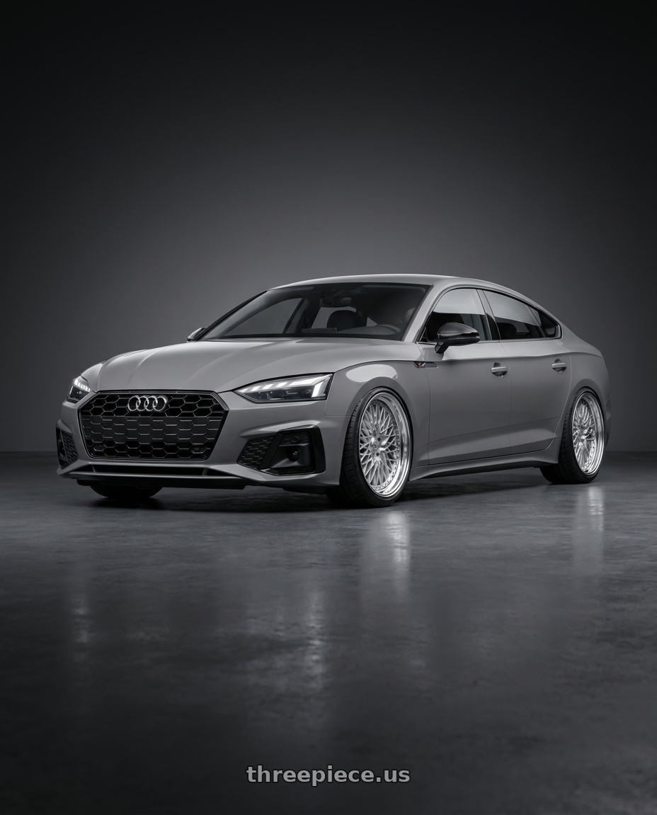 2023 Audi A5 Sportback Premium Plus with SSR Formula MESH 5x112 18X10+19 HP Disk Fm Silver wheels front three quarter view slammed stance