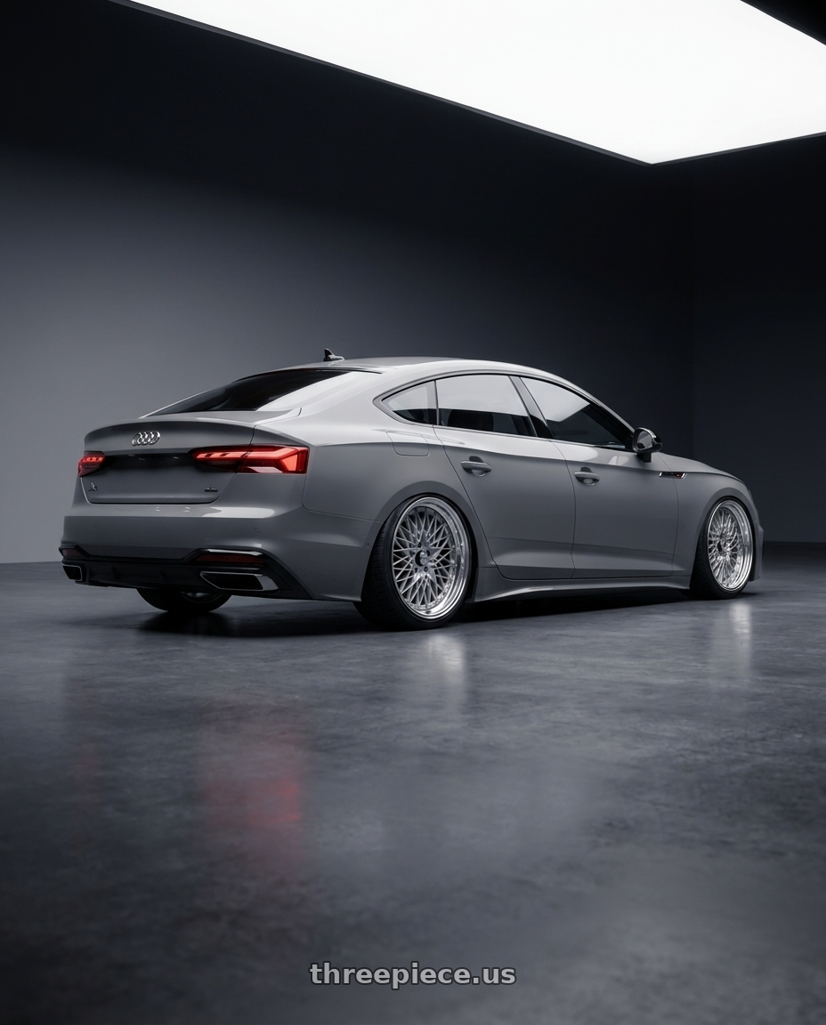 2023 Audi A5 Sportback Premium Plus with SSR Formula MESH 5x112 18X10+19 HP Disk Fm Silver wheels rear three quarter view slight stretch tires