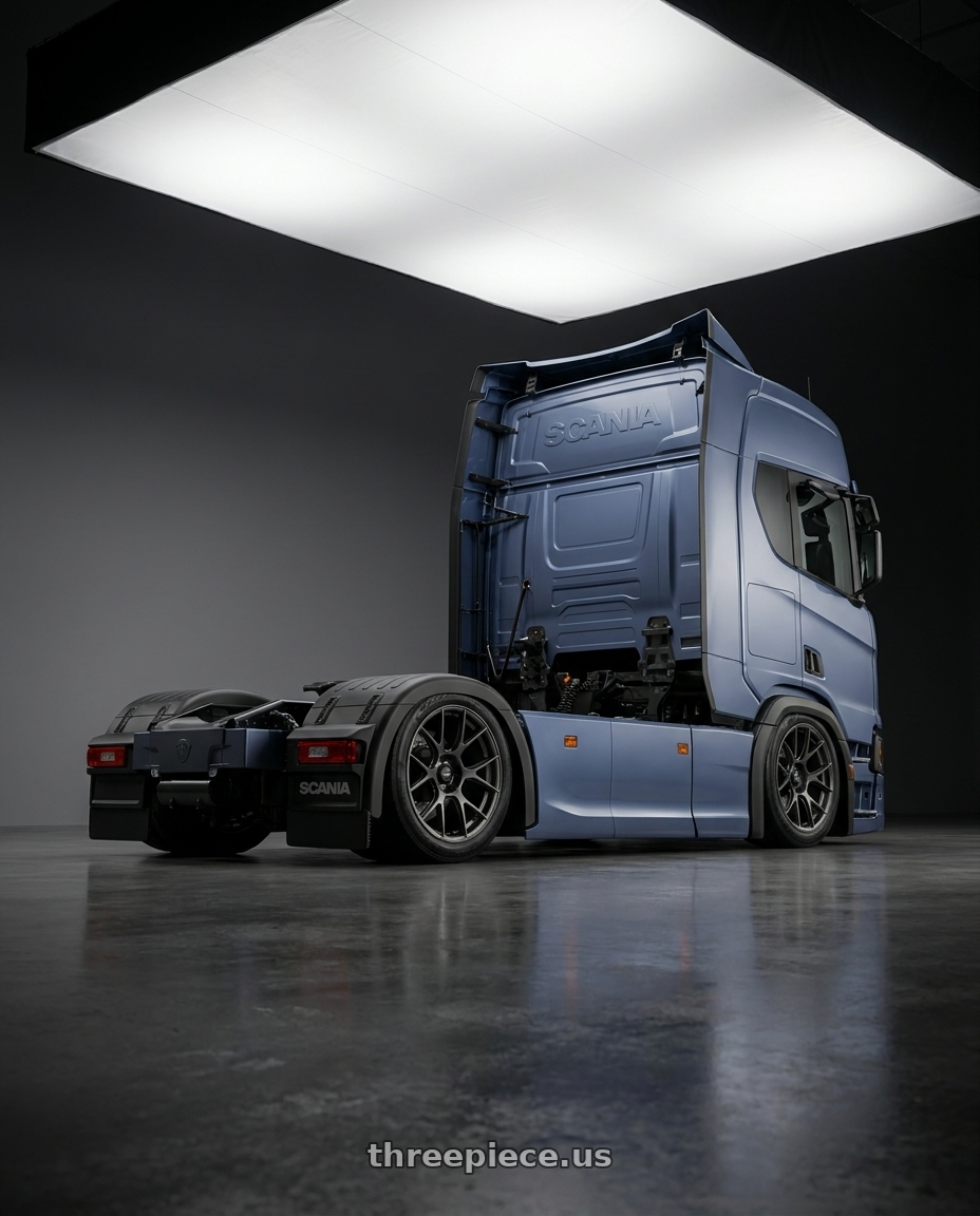 2022 Scania g500 with Konig Ampliform 5x115 20x9.5+18 Dark Metallic Graphite wheels rear three quarter view slight stretch tires