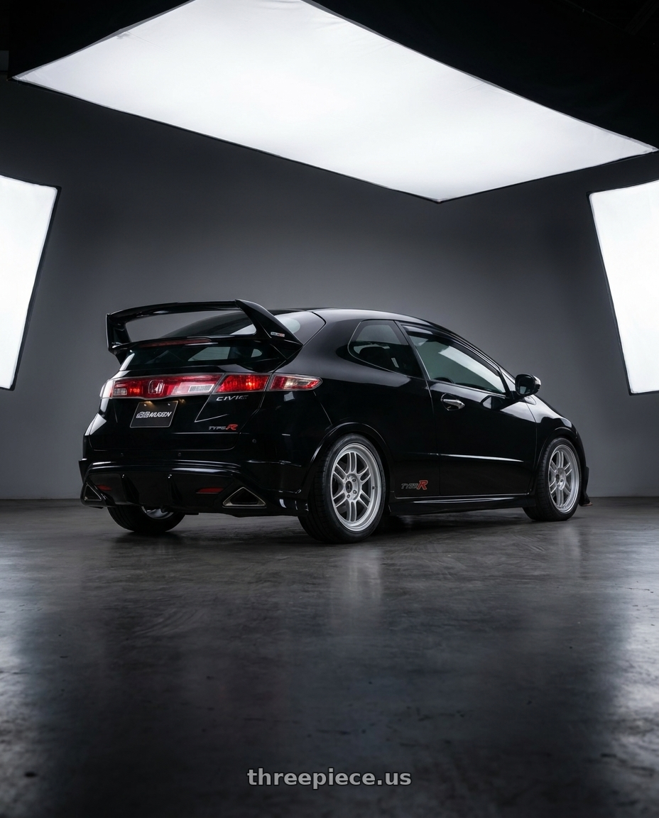 2010 honda civic with Enkei RPF1 5x114.3 17x8+35 Silver wheels rear three quarter view square tires