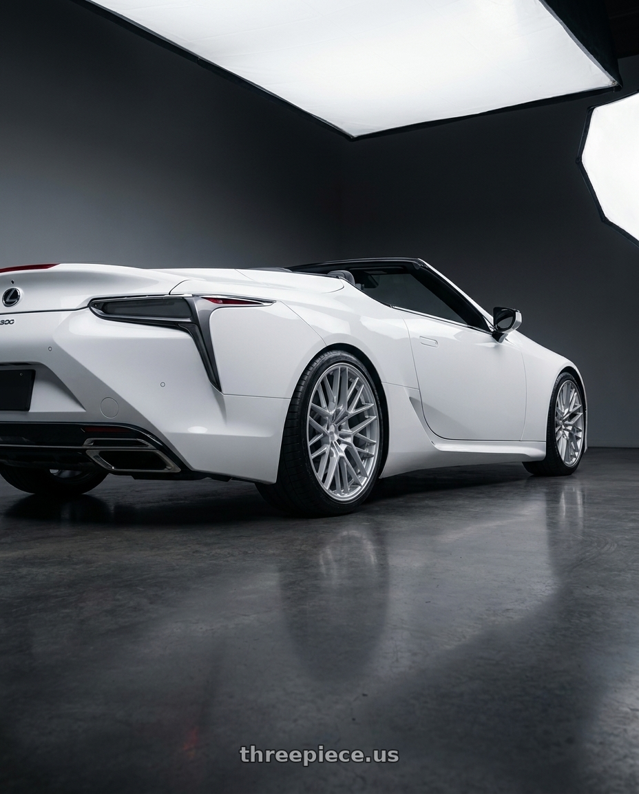 2021 Lexus LC 500 convertible with TSW TW001 DAYTONA 5X120 21x9 +25 GLOSS SILVER wheels rear three quarter view square tires