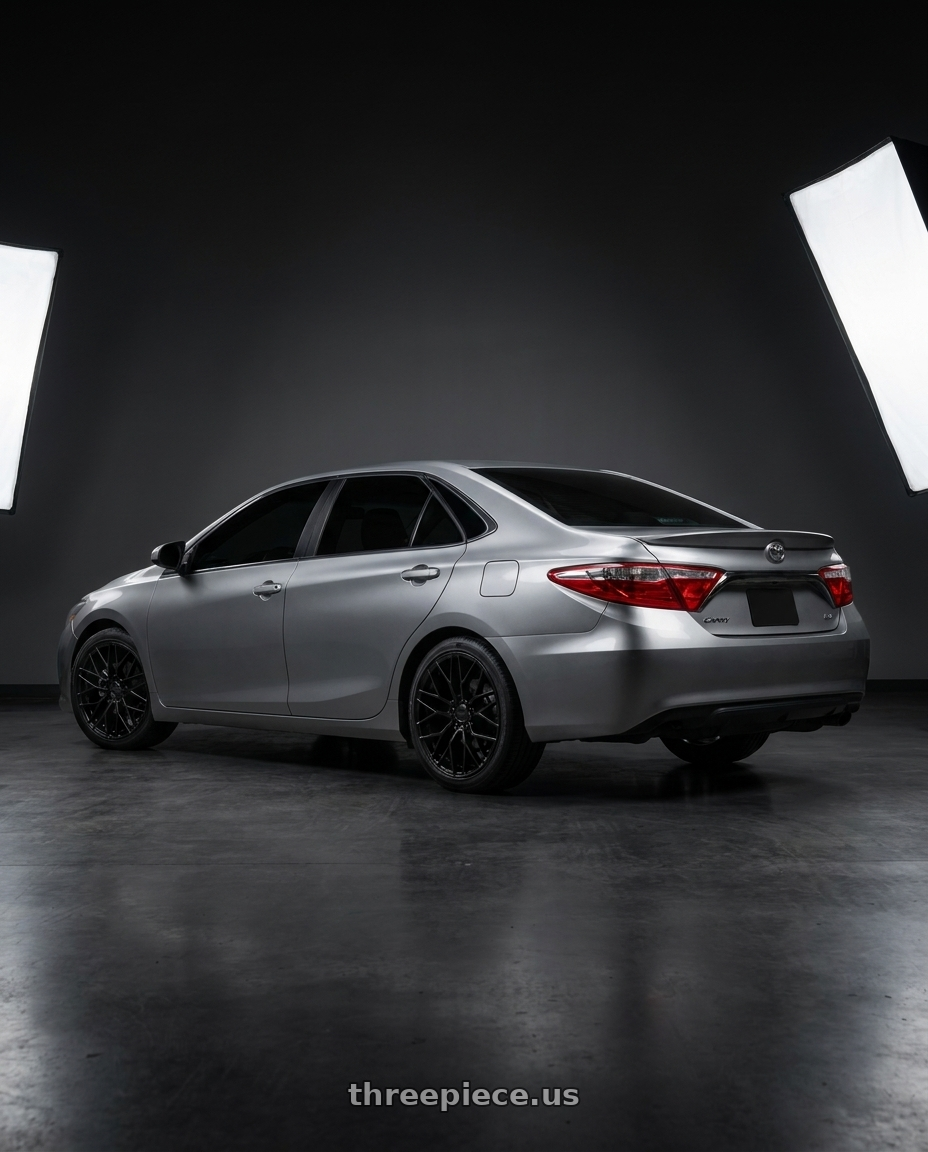 2017 toyota camry se grey with black window tint  with KATANA RACING KR01 5x114.3 18x8 +40 Matte Black wheels rear three quarter view square tires