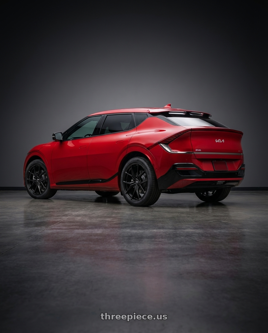 2024 kia ev6 with Enkei TSR-X 5x114.3 20x8.5+40 Gloss Black wheels rear three quarter view square tires