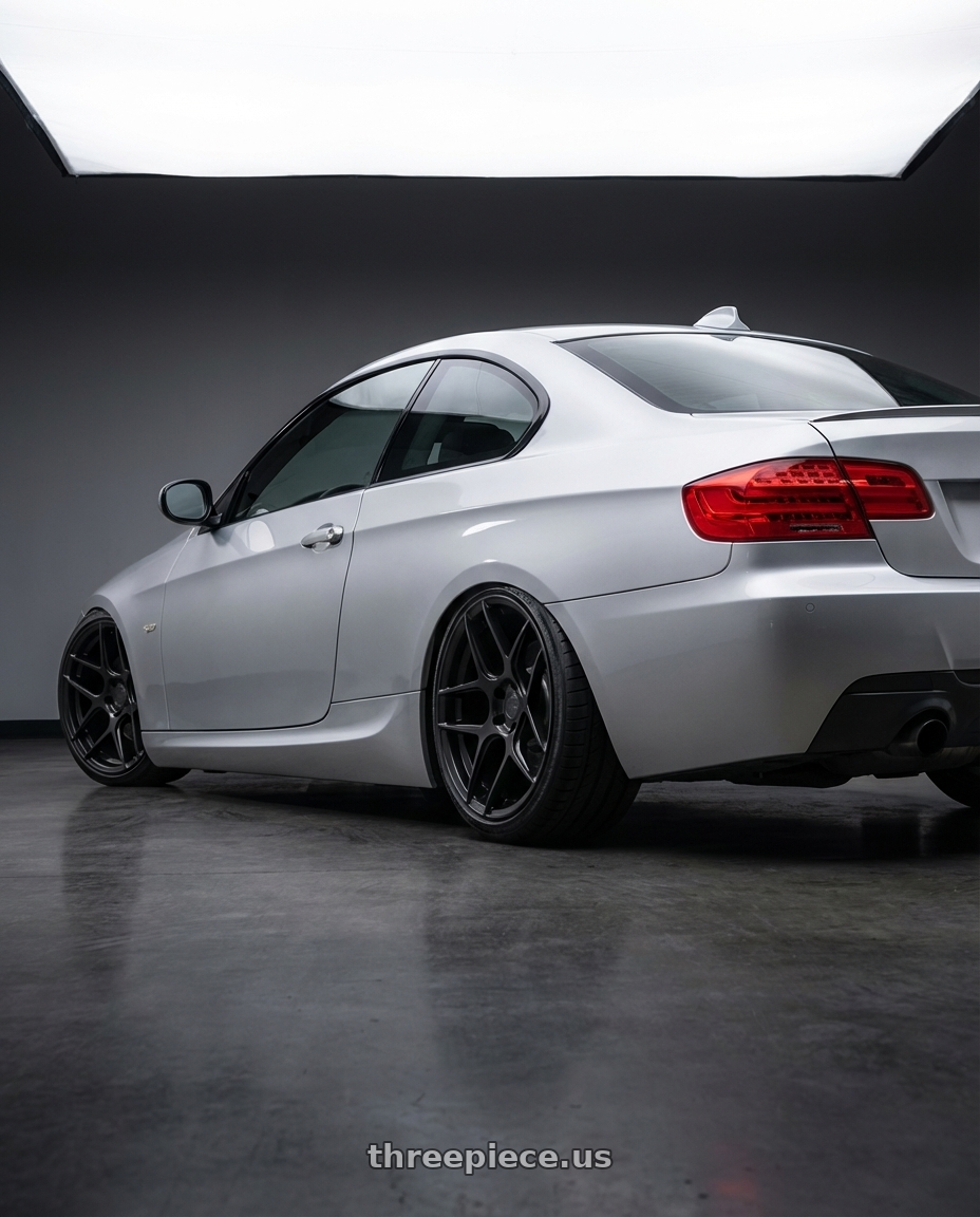 2012 BMW 3 Series E92 with Aodhan AFF2 5x120 19x8.5+35 Matte Black wheels rear three quarter view slight stretch tires