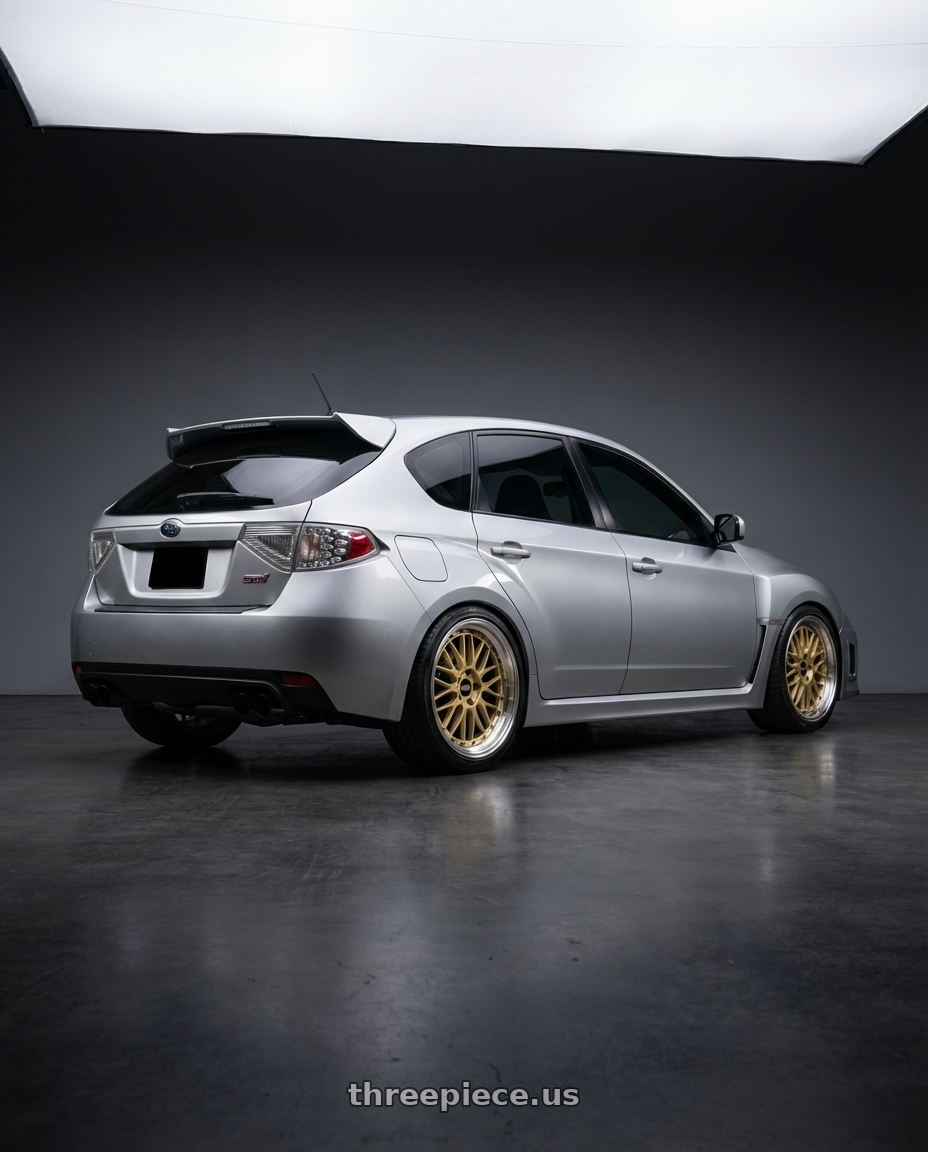 2011 Subaru WRX with BBS LM 5x114.3 18x9.0+42 Gold wheels rear three quarter view square tires