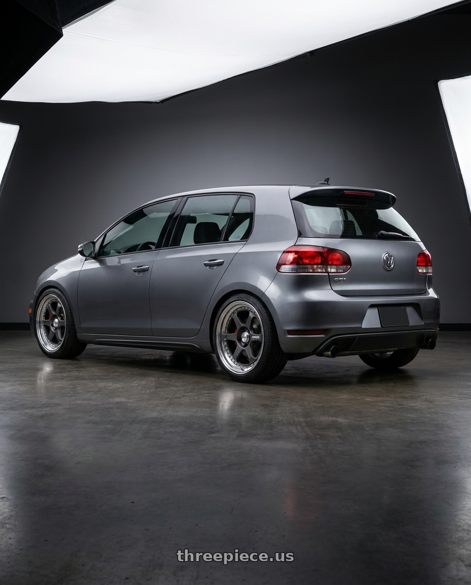 2012 vw gti with Work Meister L1 3P 5x112 18x8.5+46 O Disk Matte Gunmetal wheels rear three quarter view square tires