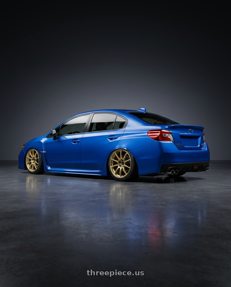 2018 Subaru WRX STI with Advan RCIII 5x114.3 18x8.5+38 Gold wheels rear three quarter view slight stretch tires