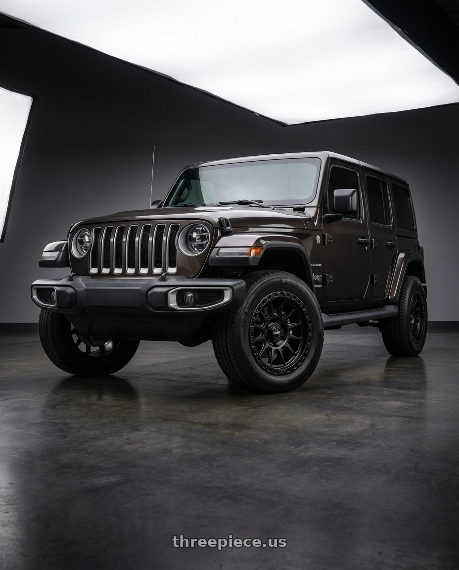 2018 jeep wrangler with MVX OFFROAD VX12 5X127 18x9 +0 Matte Black wheels front three quarter view raised stance