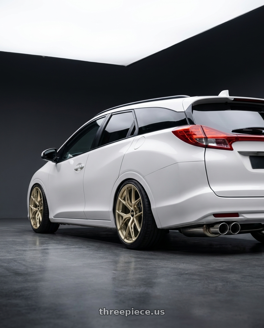 2015 HONDA FK2 CIVIC TOURER, The side strips and bottom plastic panels were replaced with body-colored paint. DUAL-SIDED SINGLE-OUTLET ALUMINUM ALLOY EXHAUST PIPE  with BBS FI-R Evo 5x112 19x9.5+15 White Gold wheels rear three quarter view slight stretch tires