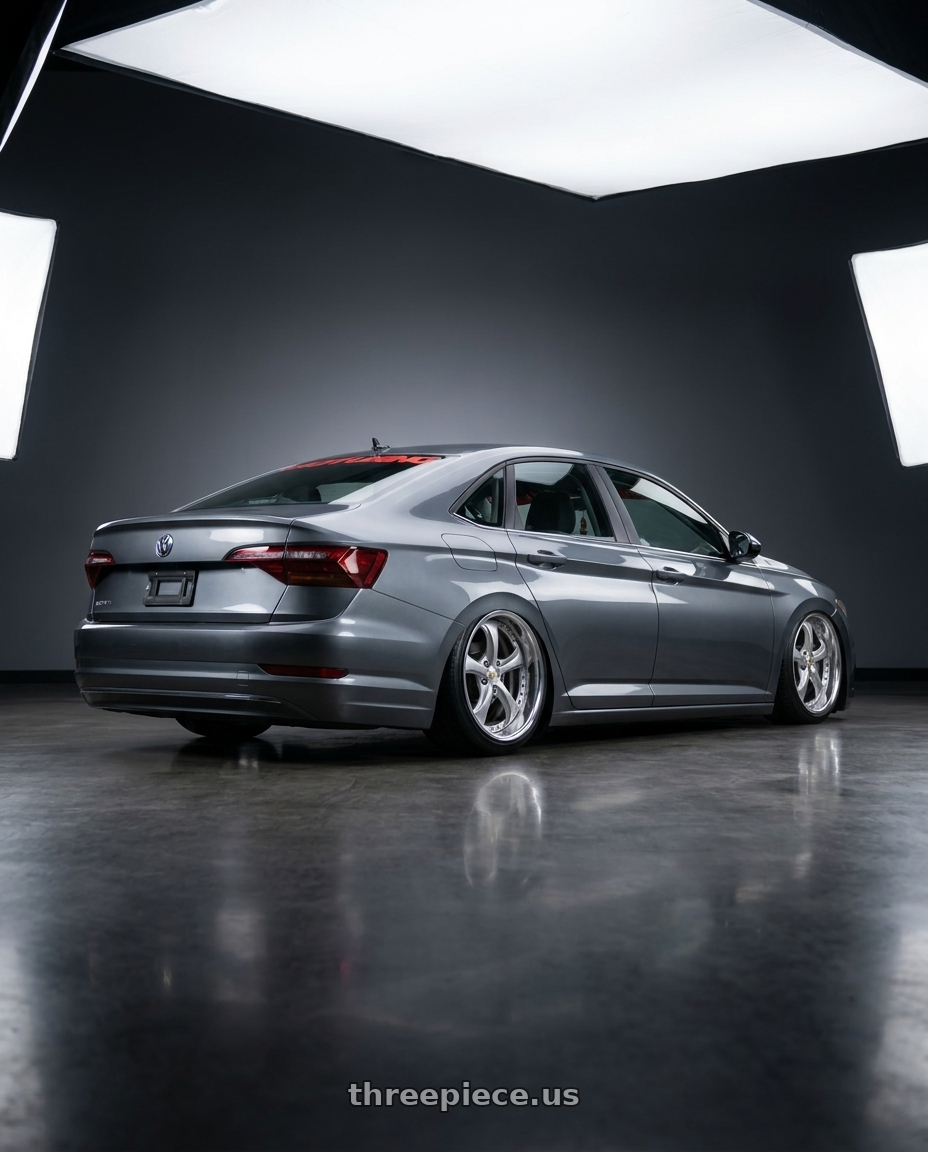 2019 Vw Jetta se with Work Wheels VS-KF 5x114.3 18x8+40 Light Grey Silver A Disk FULL REVERSE wheels rear three quarter view extreme stretch tires