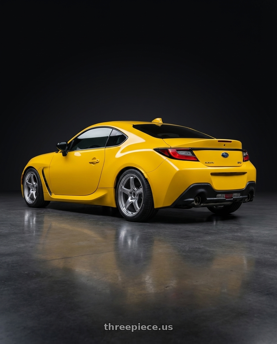 2026 Subaru BRZ Series.Yellow with Gram Lights 57CR 5x114.3 18x9.5+38 Grace Silver wheels rear three quarter view square tires
