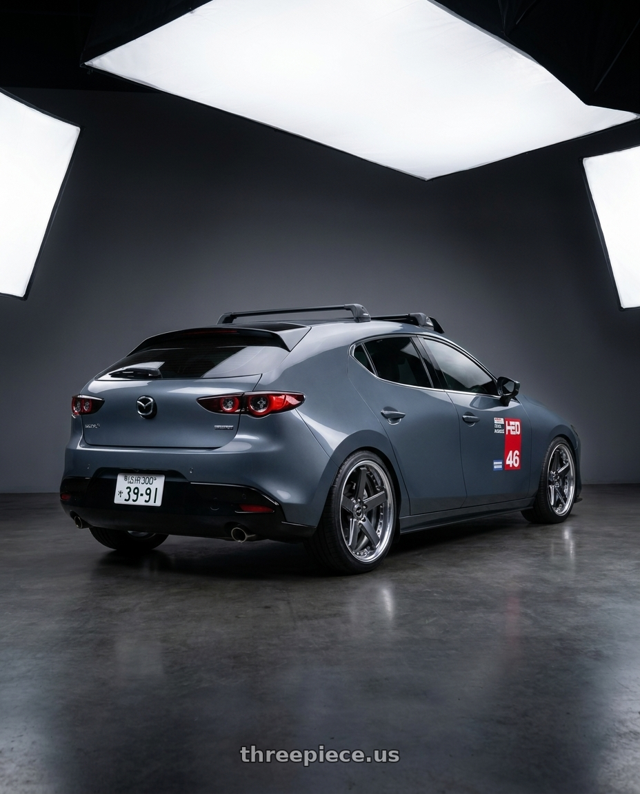2019 mazda3 BP with Work Zeast Black Label Bst2 5x100 19x8+12 H Disk Brilliant Silver Black wheels rear three quarter view square tires