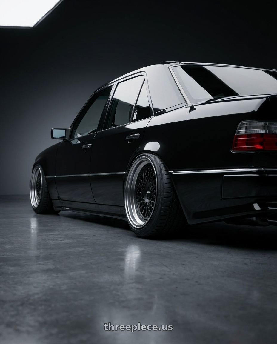 1994 Mercedes Benz w124 with Rotiform 1PC R174 LHR-M 5X112 19X8.5 +35 MATTE BLACK wheels rear three quarter view extreme stretch tires