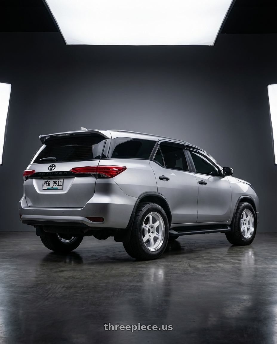 2022 Toyota Fortuner with Volk Racing 21A 5x112 18x10.5 +30 DASH WHITE/ DC wheels rear three quarter view meaty tires