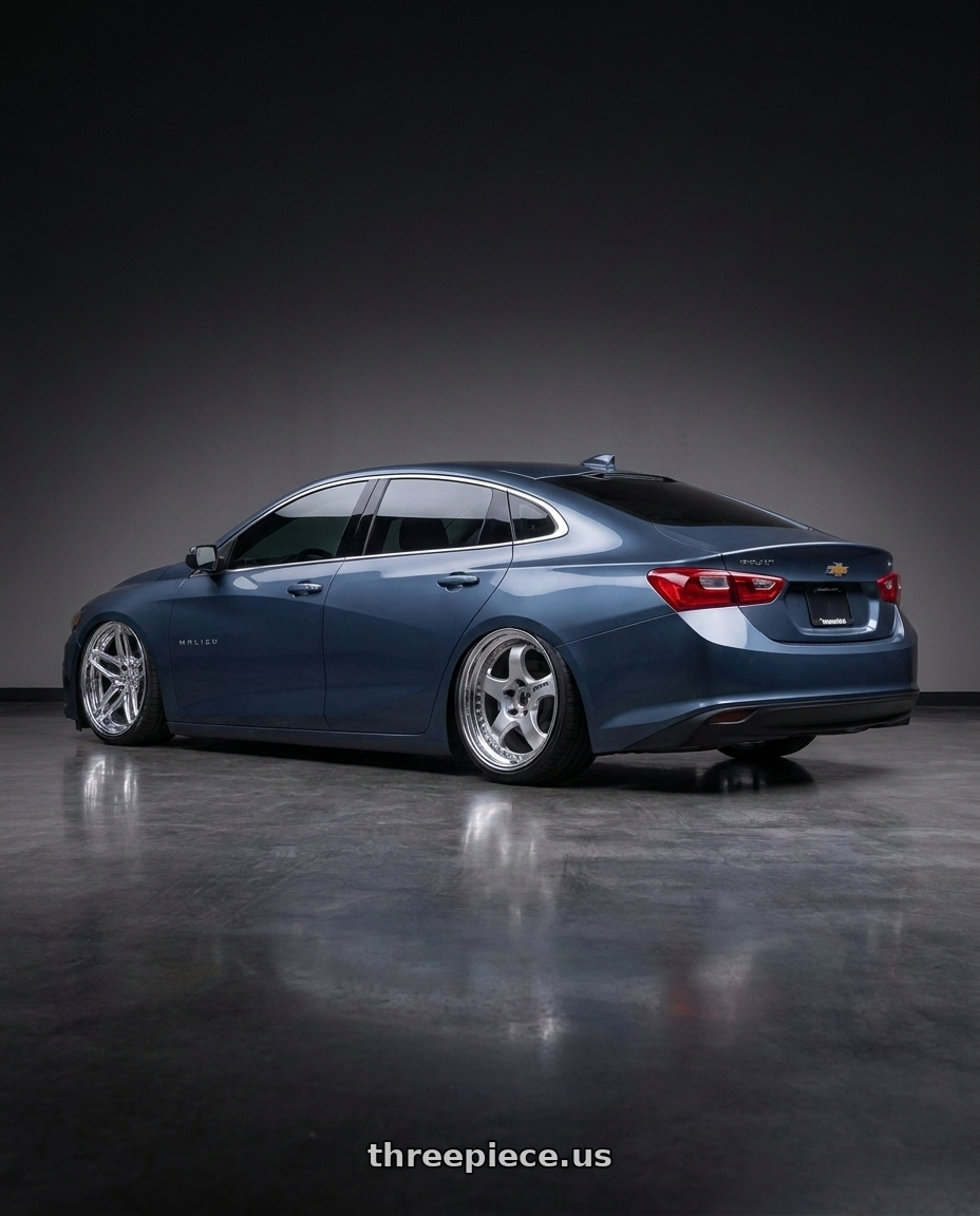 2019 Chevy Malibu lt with Work Meister S1 3P 5x115 18x8.5+35 L Disk Silver wheels rear three quarter view extreme stretch tires