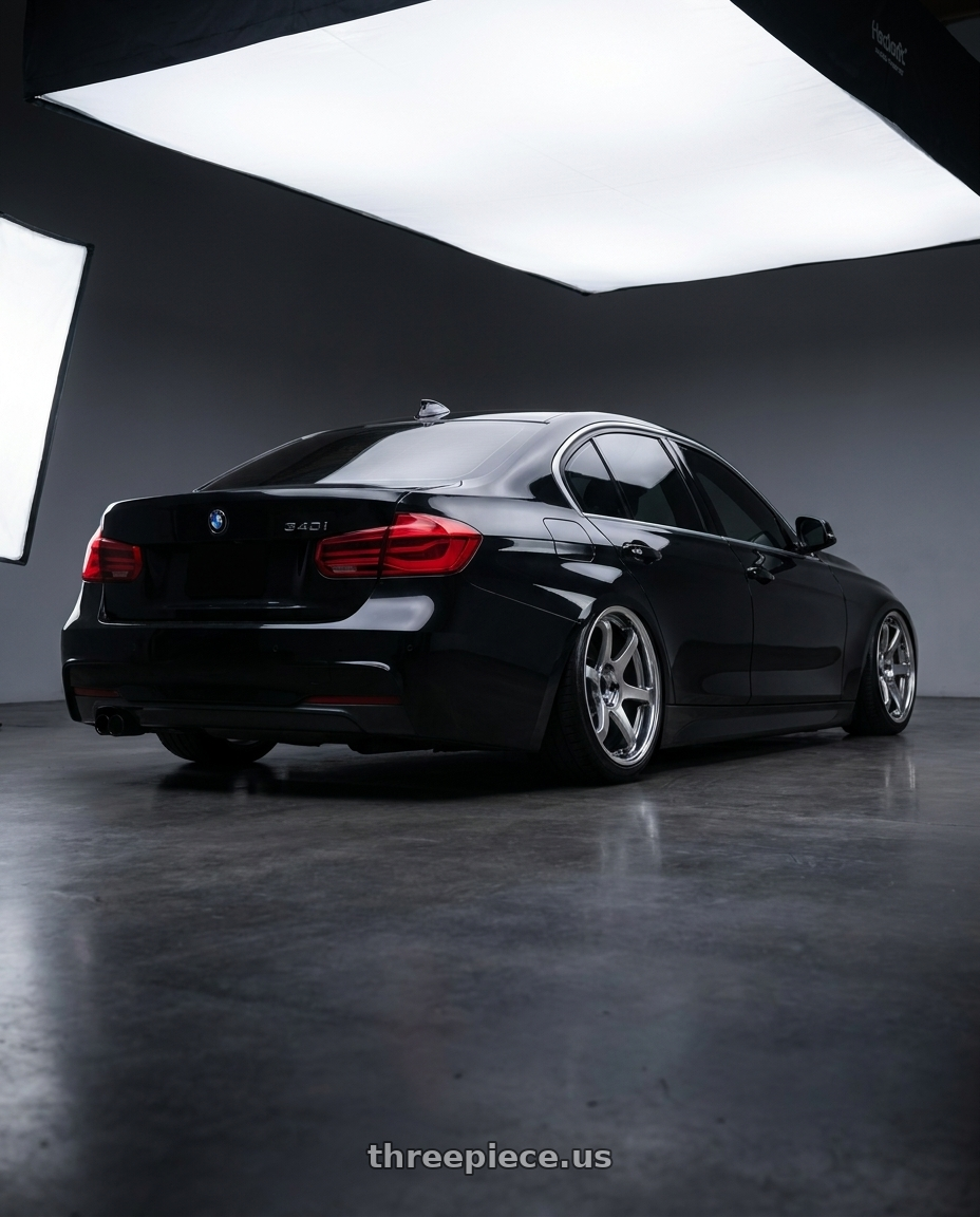 2016 bmw 340i with Ssr Reiner Type 6R 5x120 18X10 38 Normal Disk Titan Silver wheels rear three quarter view slight stretch tires