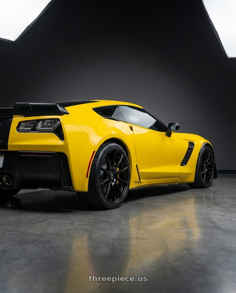 2018 Chevrolet Corvette C7 with Forgestar CF10 5x120.65 19x10 +30 Gloss Black wheels rear three quarter view square tires