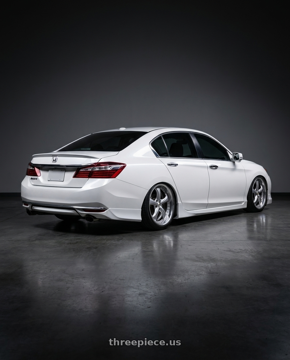 2016 Honda accord with Work Wheels VS-KF 5x114.3 18x9.5+39 Light Grey Silver R Disk FULL REVERSE wheels rear three quarter view slight stretch tires