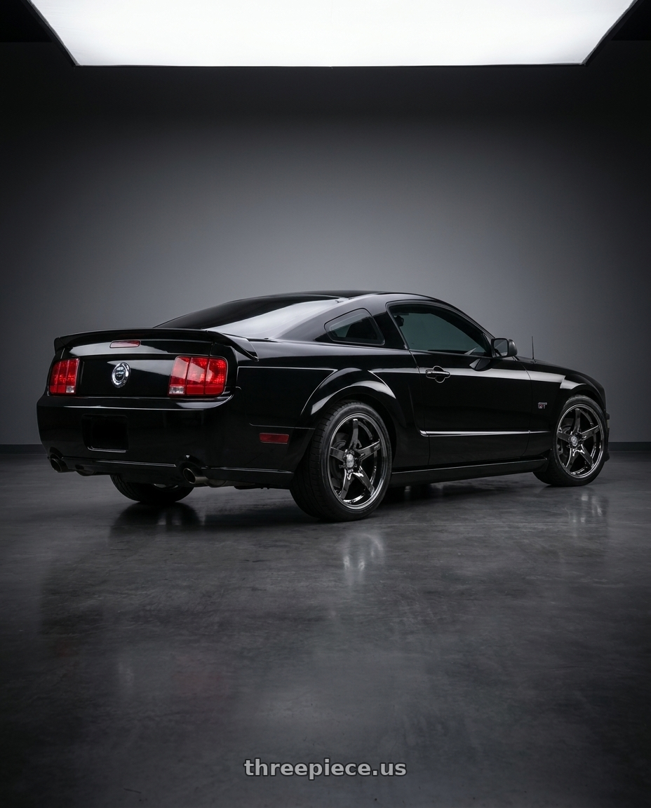 2005 Ford Mustang GT with Stage Wheels Monroe 5x114.3 18x10 +0 Black Chrome wheels rear three quarter view square tires