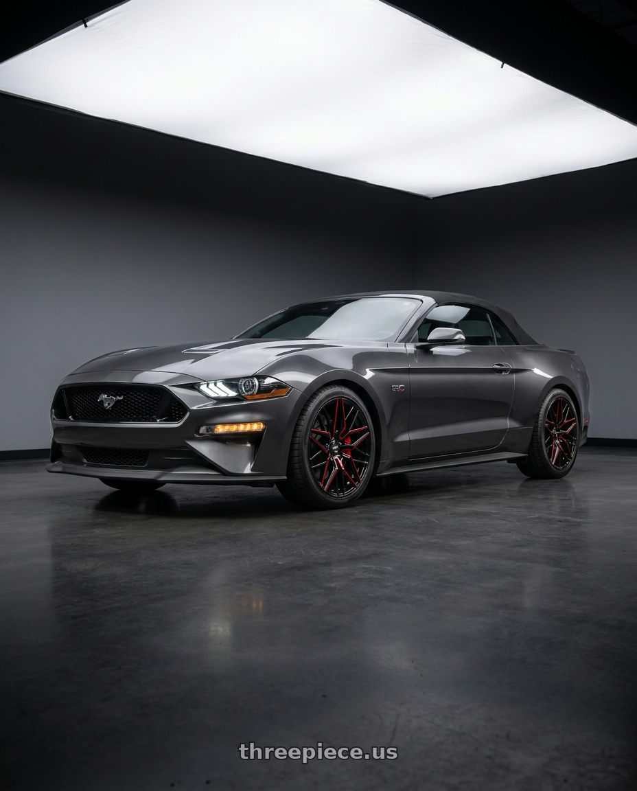 2019 Mustang GT premium Convertible Magnetic Grey with Shift Spring 5x114.3 20x10 +40 Gloss Black Candy Red Milled wheels