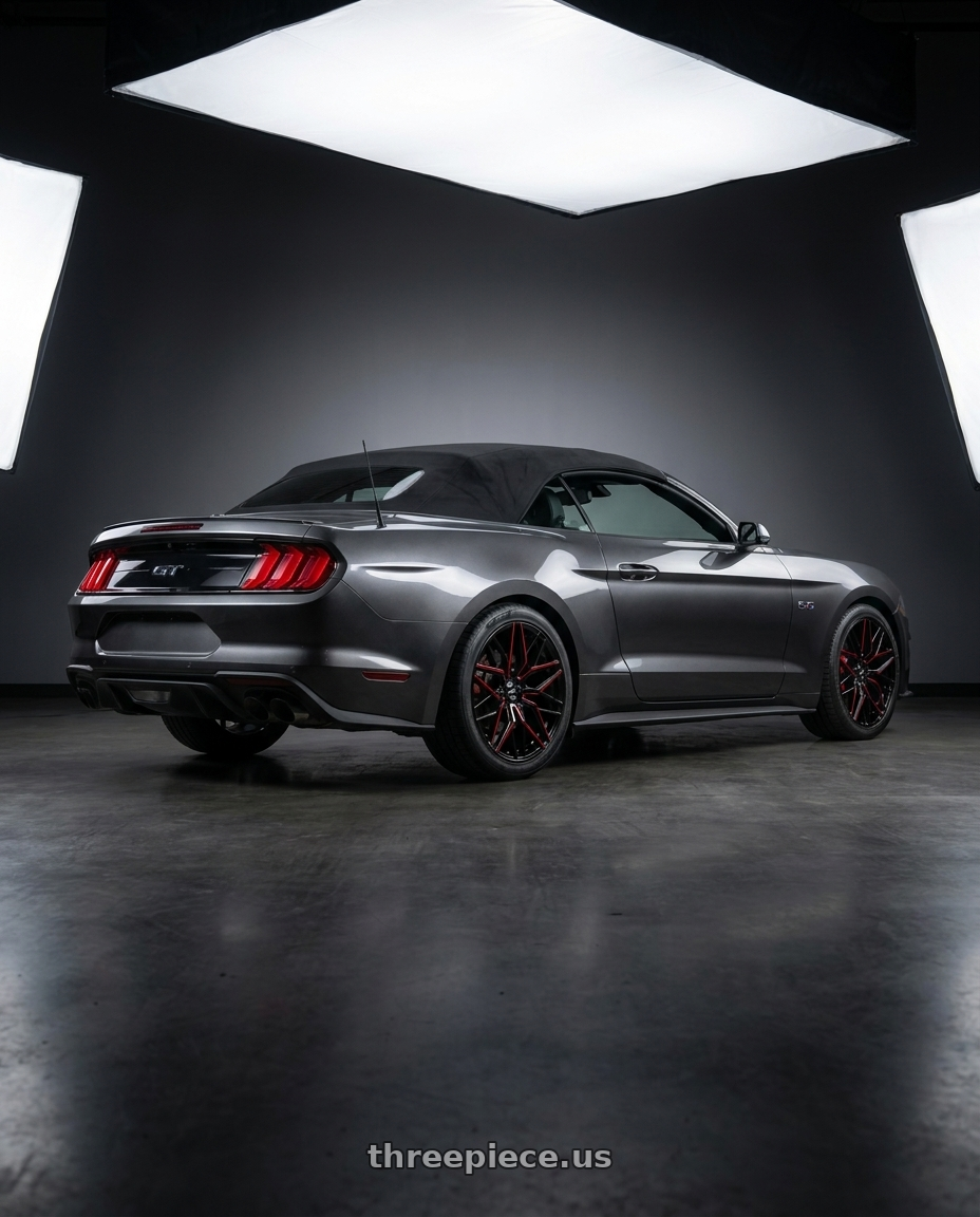 2019 Mustang GT premium Convertible Magnetic Grey with Shift Spring 5x114.3 20x10 +40 Gloss Black Candy Red Milled wheels rear three quarter view square tires