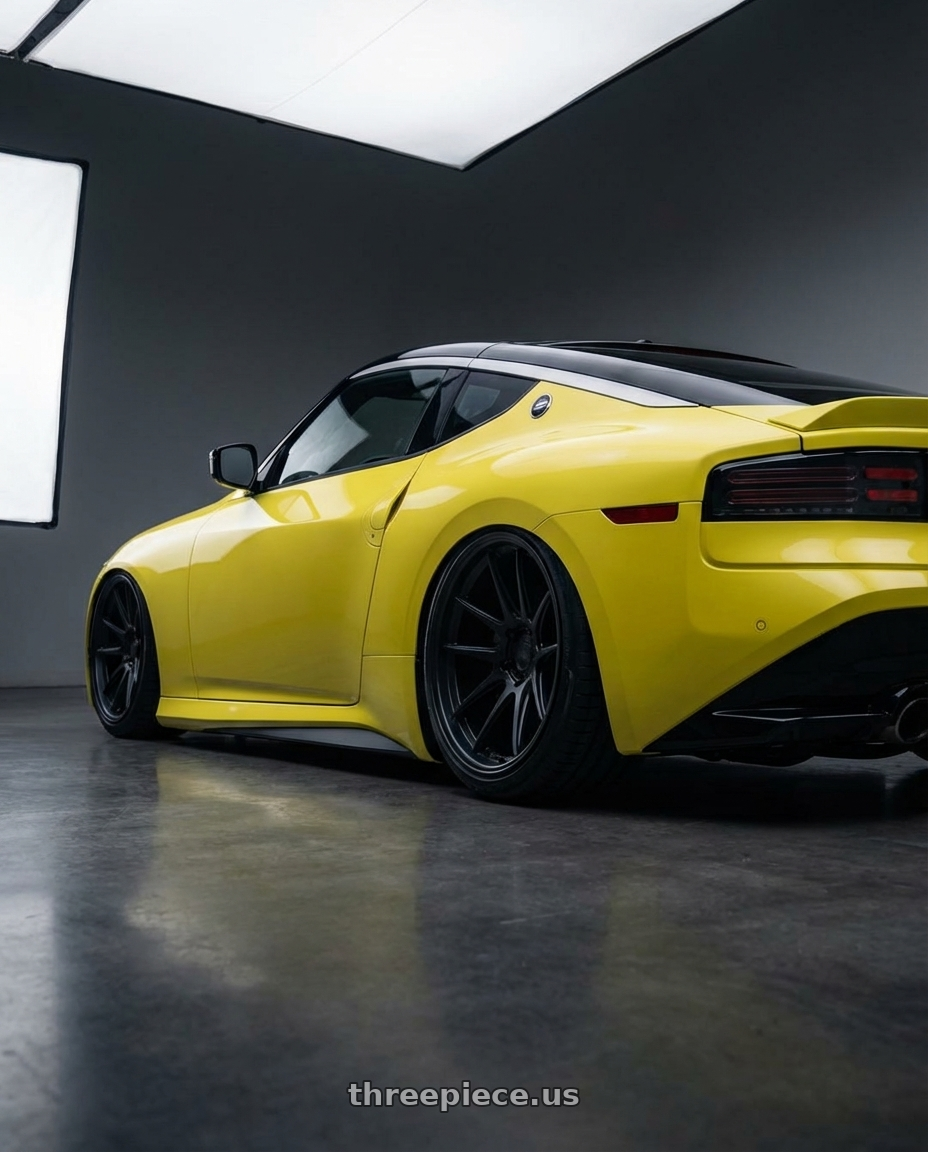 2024 Nissan Z with Avant Garde Wheels M510 5X114.3 19x9.5 +40 Matte Black wheels rear three quarter view slight stretch tires