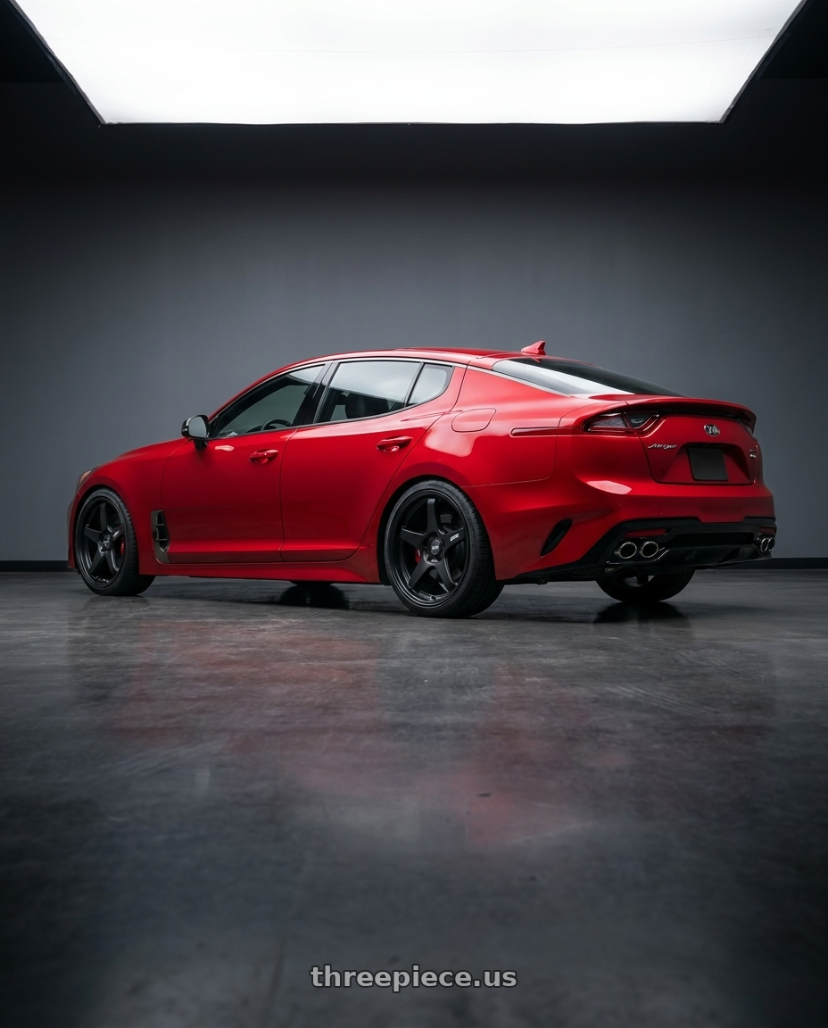 2022 Kia Stinger GT with ESR Wheels APEX SERIES AP5 5x114.3 19x11 +22 Matte Black wheels rear three quarter view square tires