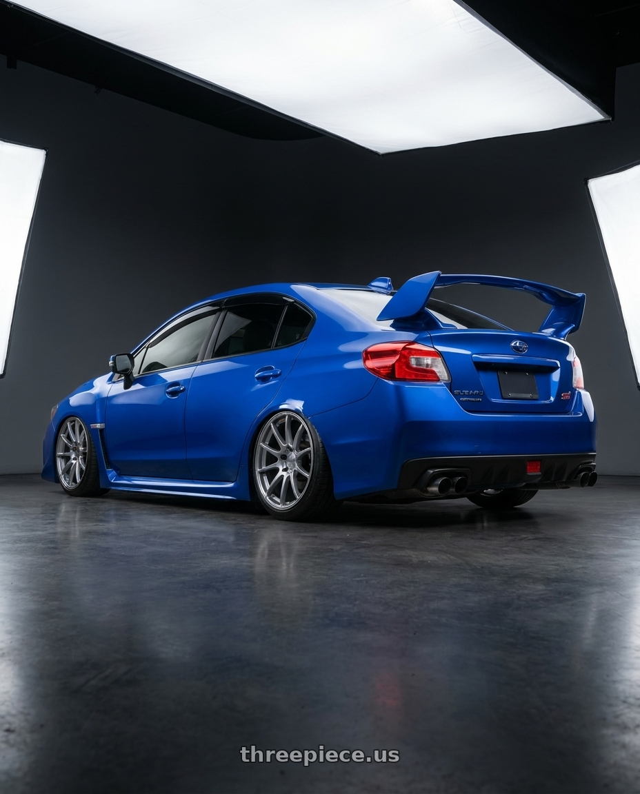 2018 Subaru WRX STI with Ssr Gtv02 5x114.3 18x7.5+43  GLARE SILVER wheels rear three quarter view slight stretch tires