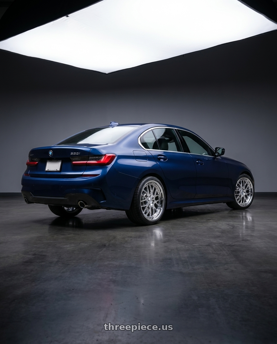 2021 BMW 330i XDrive with TSW VALENCIA 5X112 18X9.5 +40 CHROME wheels rear three quarter view square tires