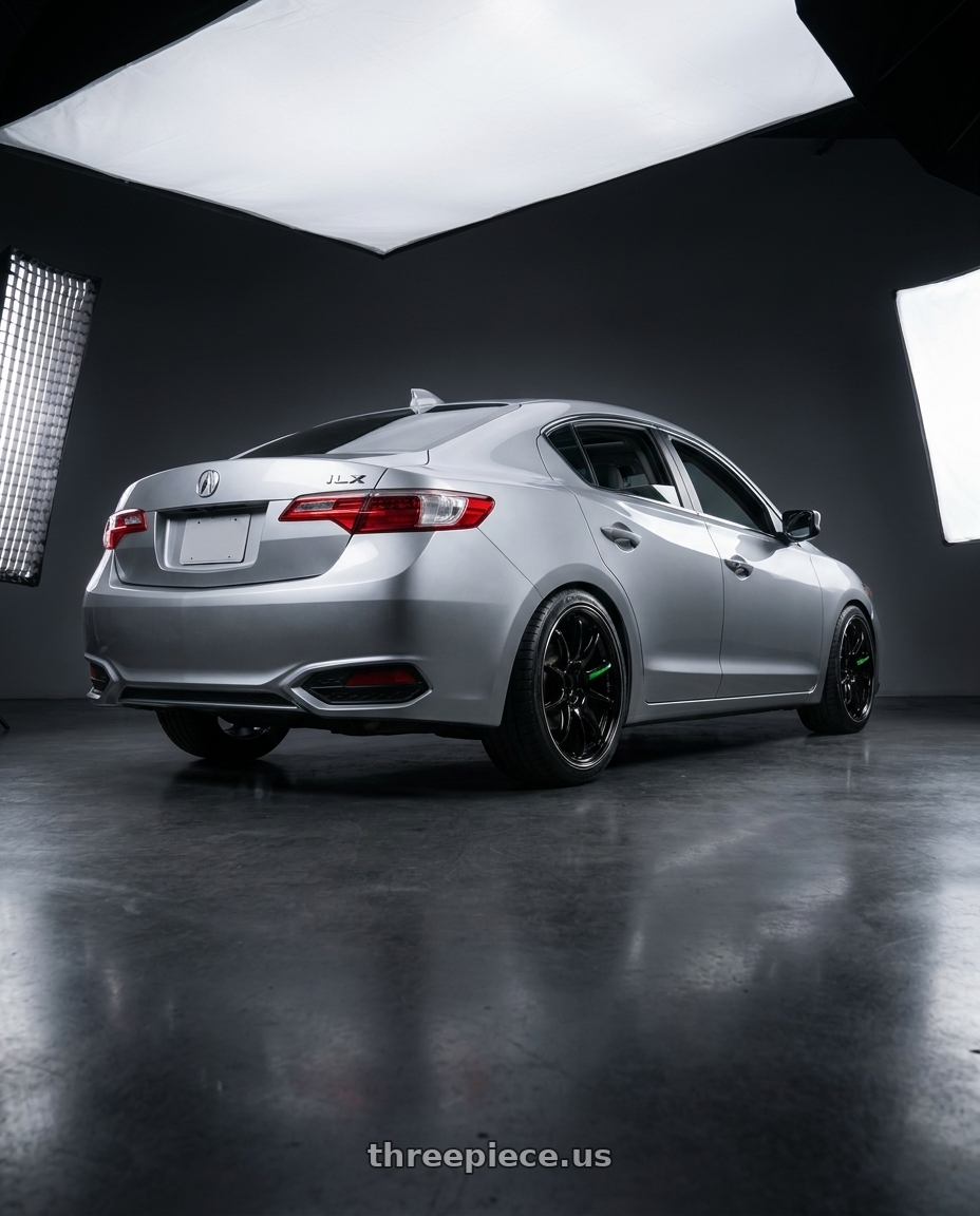 2019 Acura ilx, base model, lunar silver metallic with Work Emotion Zr10 5x114.3 17x7 +38 Black Diamond Lip Cut wheels rear three quarter view square tires