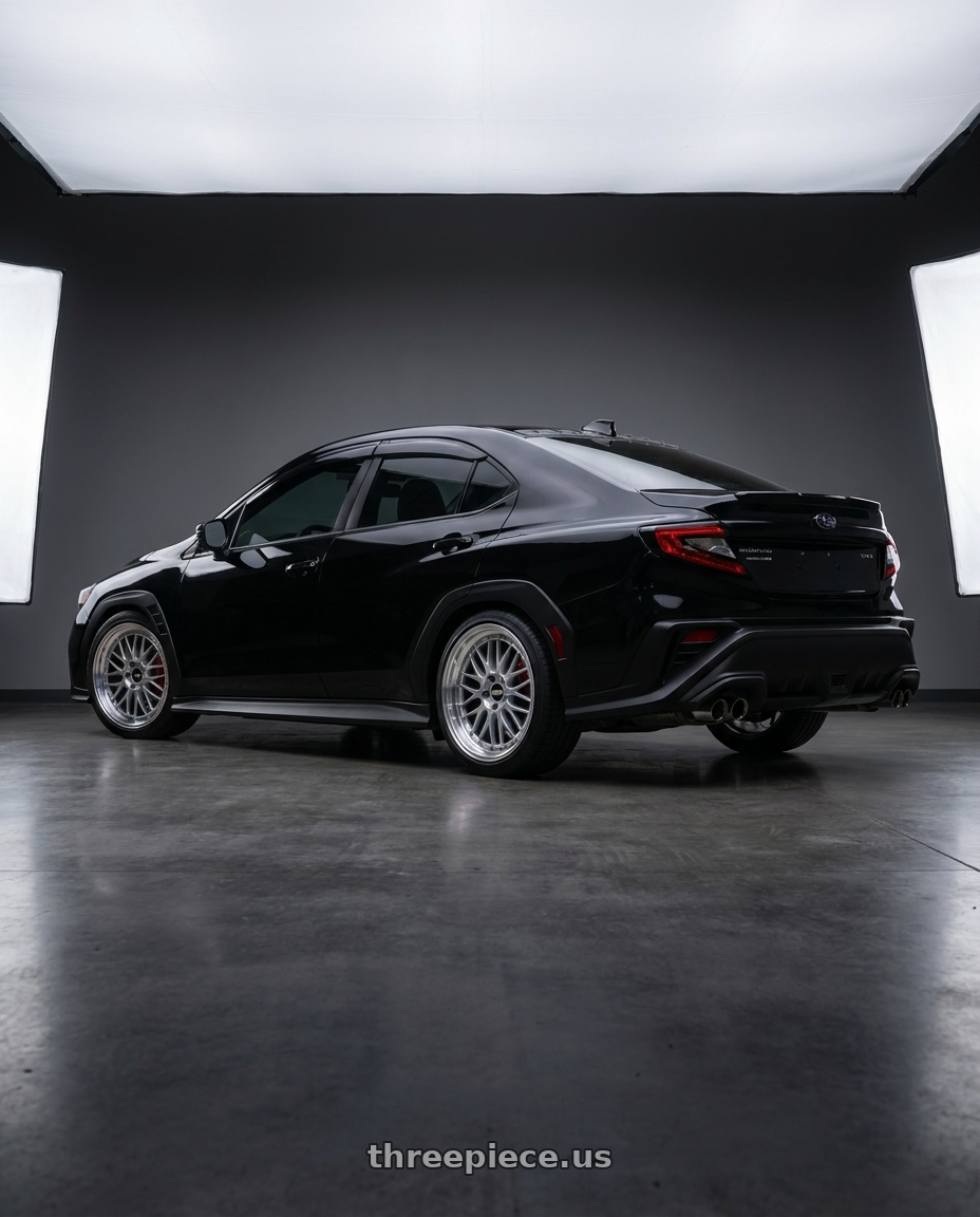 2024 Subaru WRX TR with BBS LM 5x114.3 18x9.5+38 Diamond Silver wheels rear three quarter view square tires