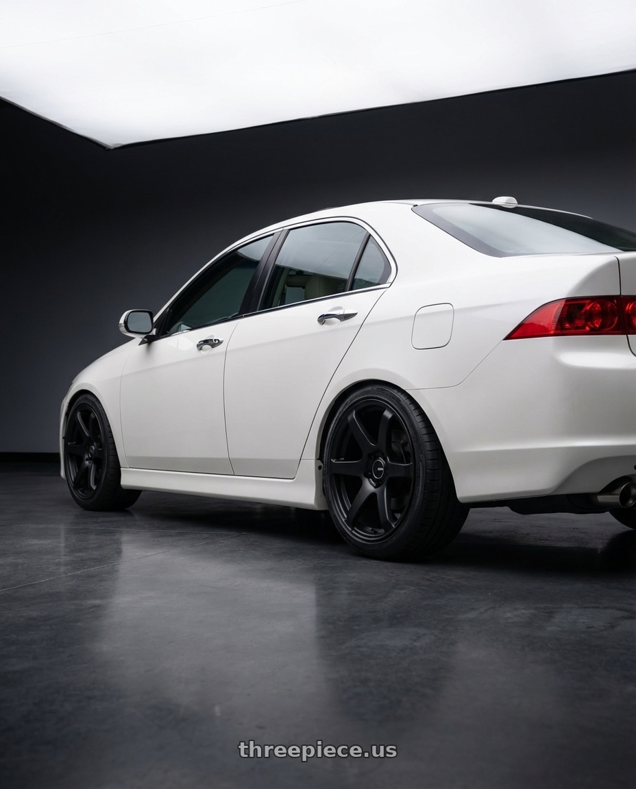 2005 Acura tsx with Enkei T6S 5x114.3 17x8+35 Matte Black wheels rear three quarter view square tires