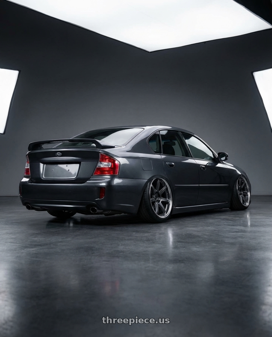 2005 legacy gt with Work Emotion T7R 2P wheels rear three quarter view extreme stretch tires