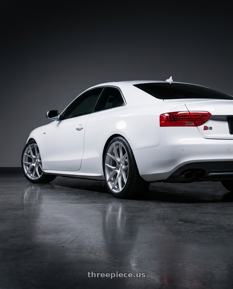 2010 audi s5 with DOLCE PERFORMANCE MONZA 5x112 19x8.5 +28 Gloss Silver Machined Face wheels rear three quarter view square tires