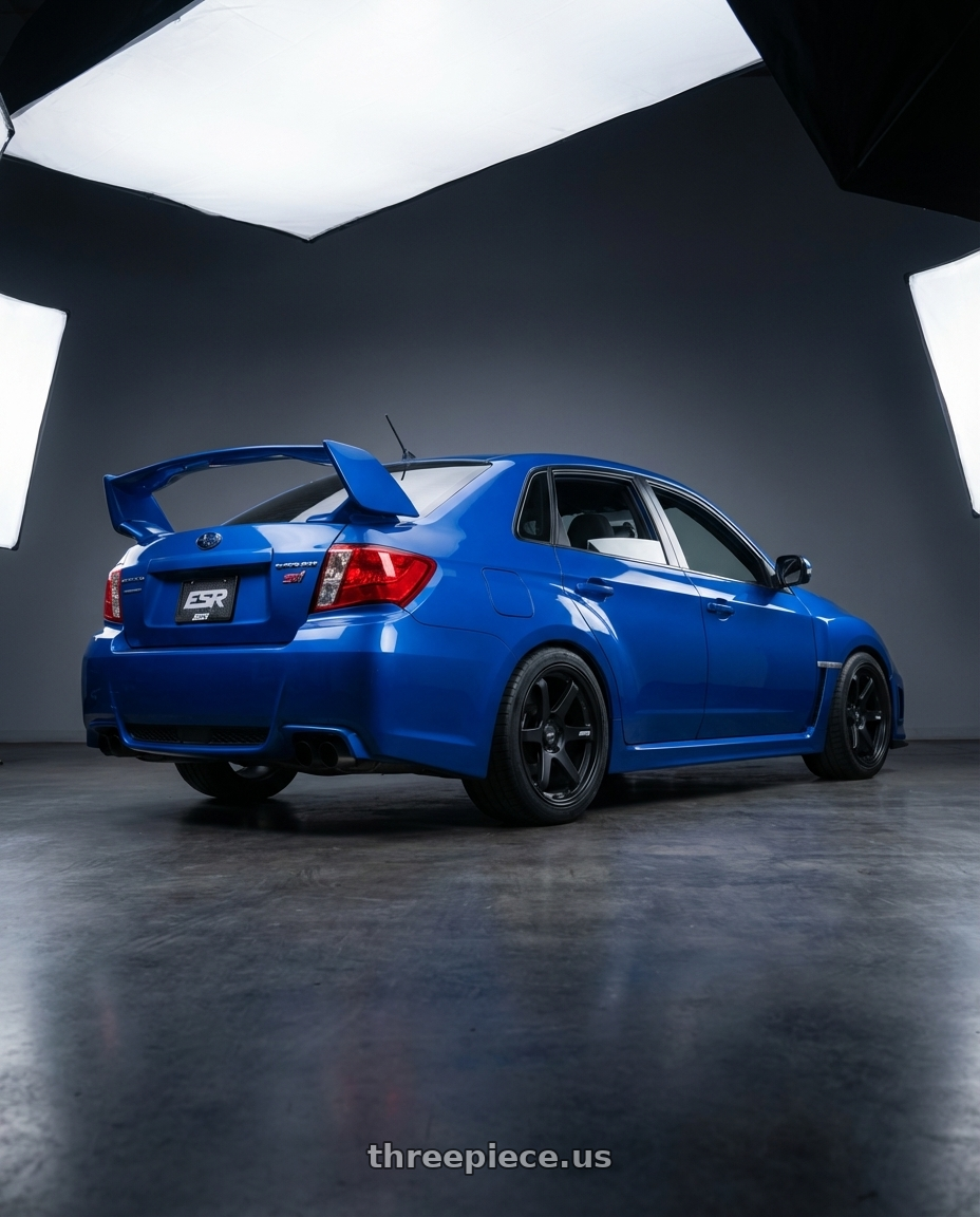 2013 Subaru WRX STI with ESR Wheels APEX SERIES AP6 5x114.3 18x8.5 +30 Matte Black wheels rear three quarter view square tires