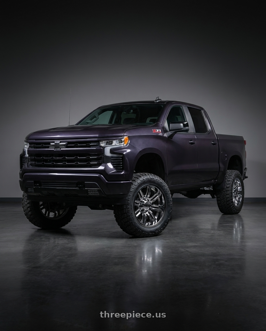 2023 Chevrolet Silverado 1500 with Moto Metal MO202 6X139.7 20X10 -18 CHROME CENTER GLOSS BLACK MILLED LIP wheels