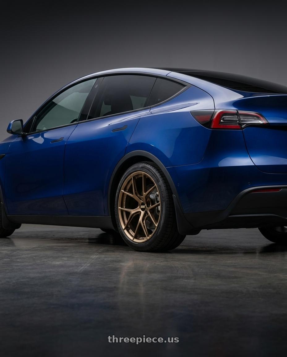 2023 Tesla Model Y with BBS FI-R CL 20x9.0+52 Matte Bronze wheels rear three quarter view square tires