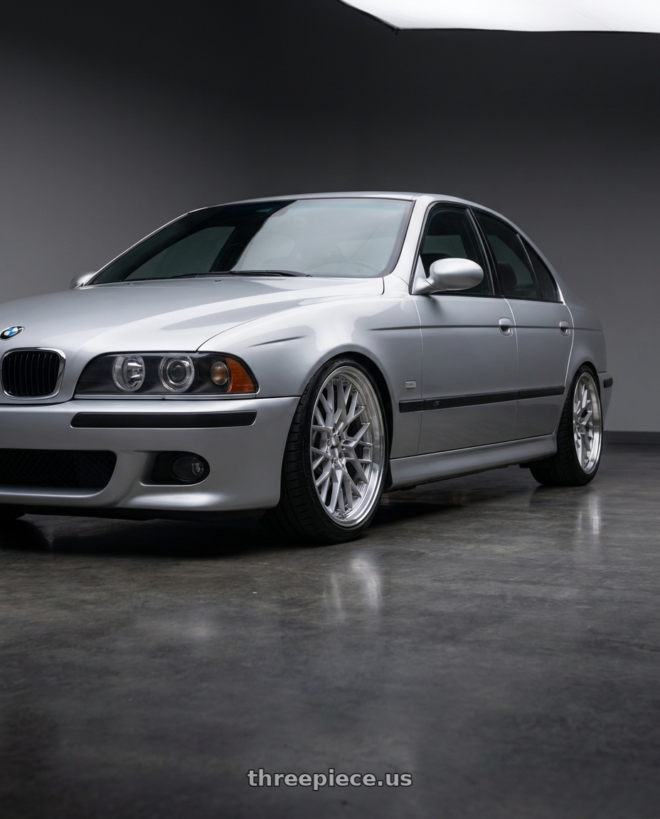 2003 BMW M5 with TSW SEBRING 5X120 18X9.5 +20 SILVER W/  MIRROR CUT FACE wheels front three quarter view lowered stance