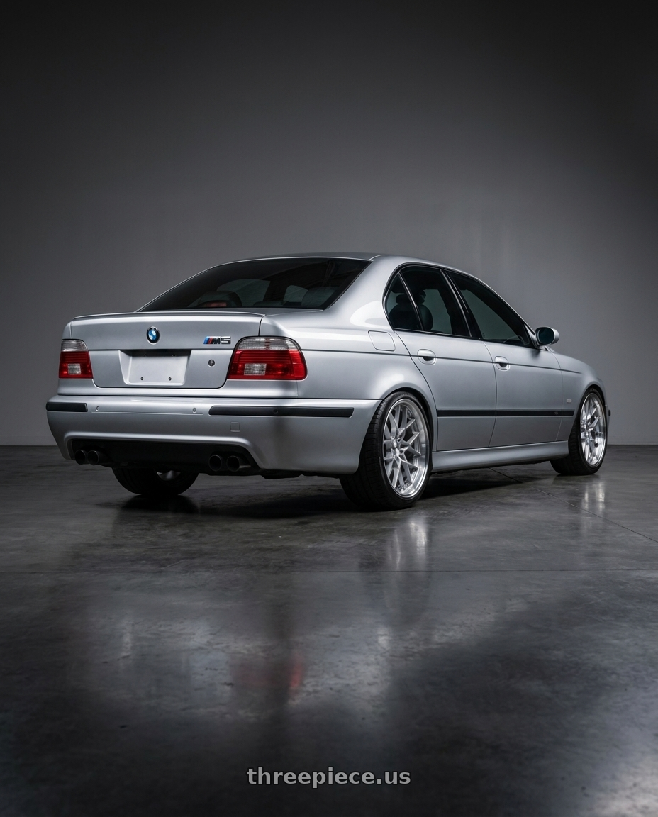 2003 BMW M5 with TSW SEBRING 5X120 18X9.5 +20 SILVER W/  MIRROR CUT FACE wheels rear three quarter view slight stretch tires